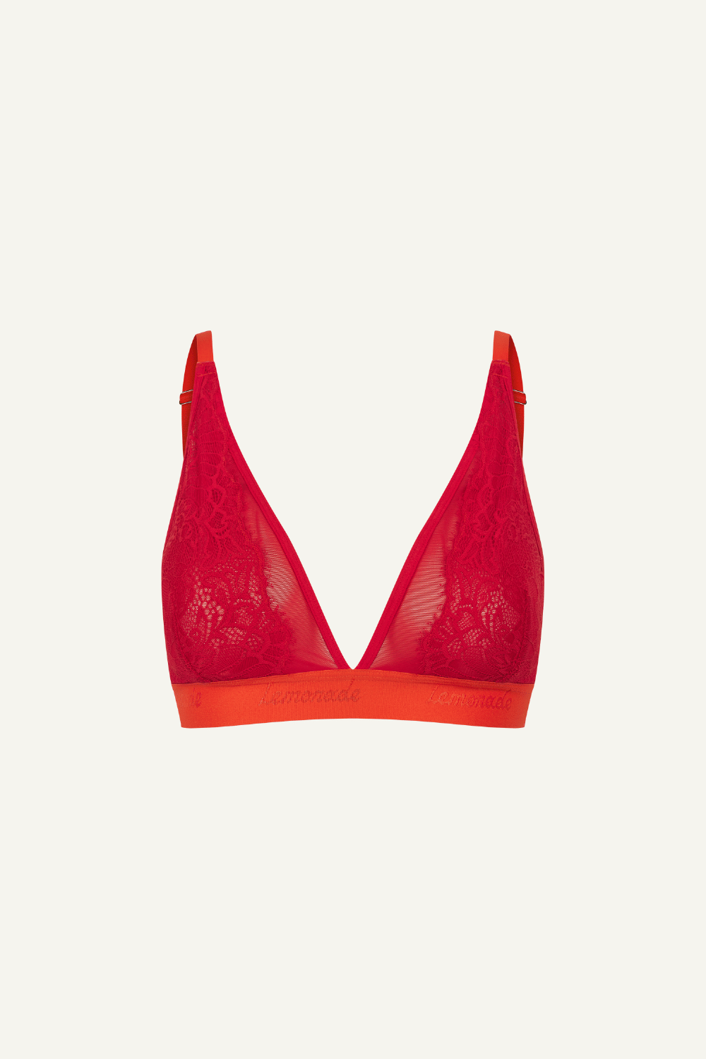 A ghost image of a red lace bralette with a orange band 