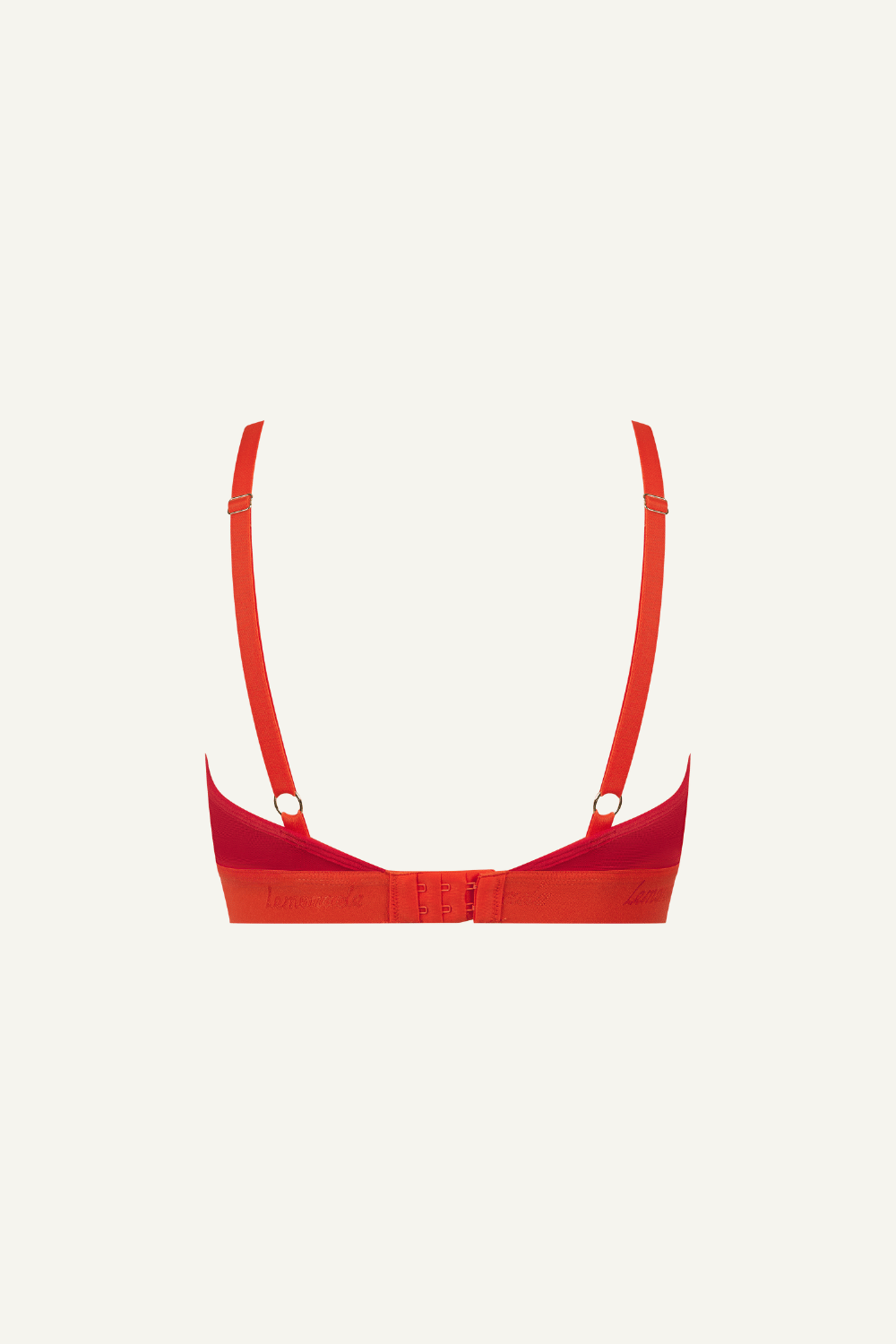 A ghost image of the back of a red lace bralette 