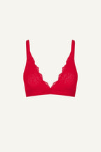 A ghost image of the front of a red lace bralette 