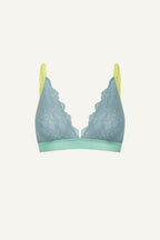 A host image of the front of a blue lace bralette with yellow straps 