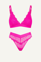 Ensemble brassière et soutien-gorge brésilien Signature en dentelle - Rose fluo