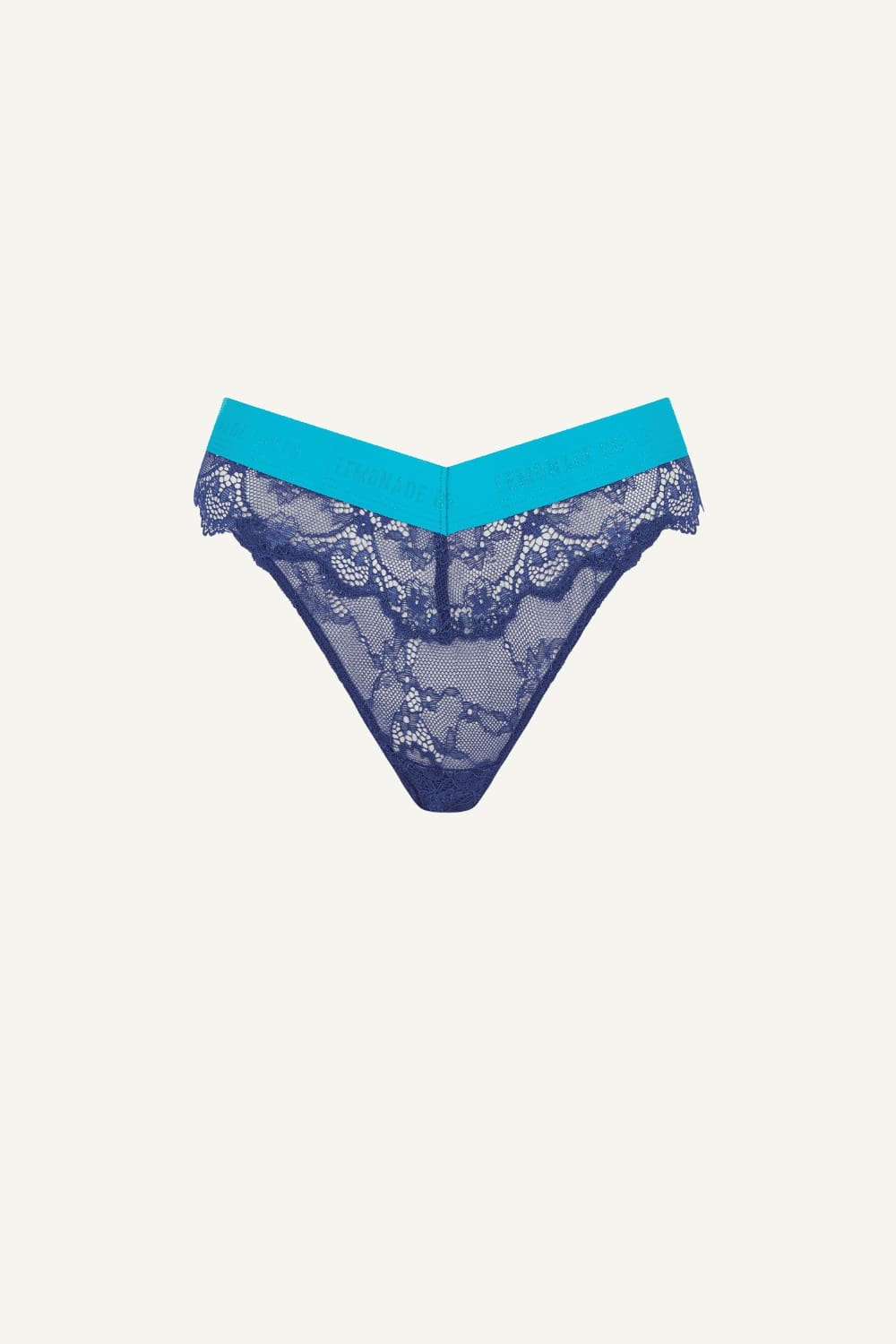 A ghost image of the front of a navy blue lace brazilian 