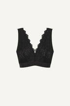 A ghost image of the front of a black lace fuller cup bralette 