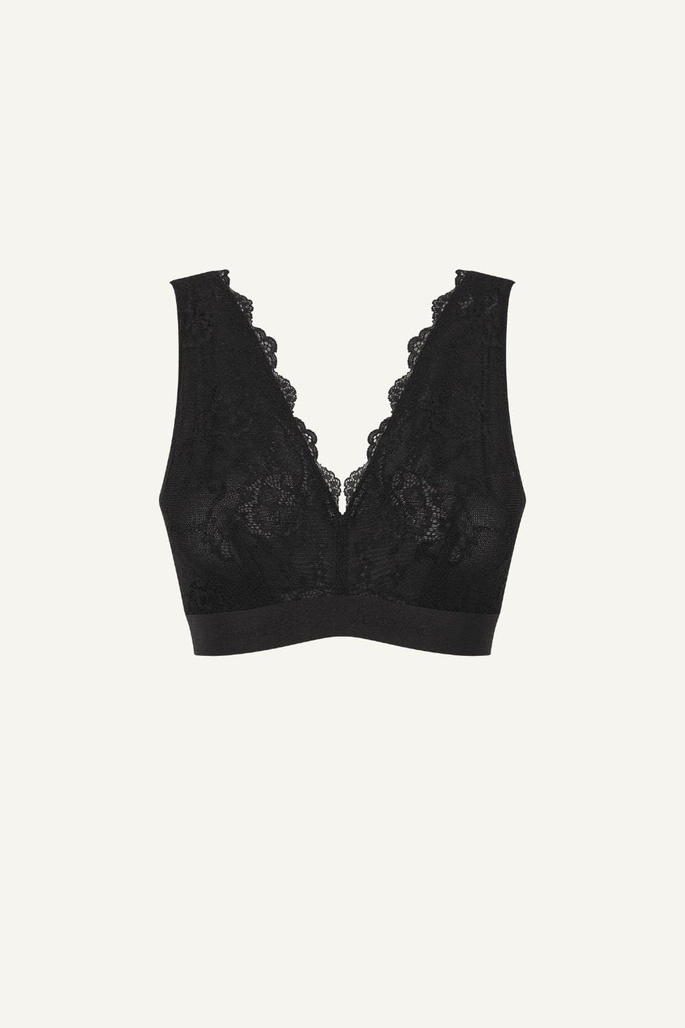 A ghost image of the front of a black lace fuller cup bralette 