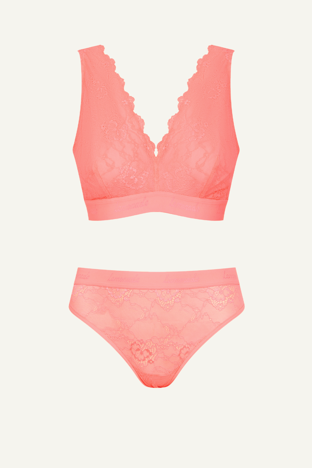 Neon Coral Lace Bralette And Brief Set