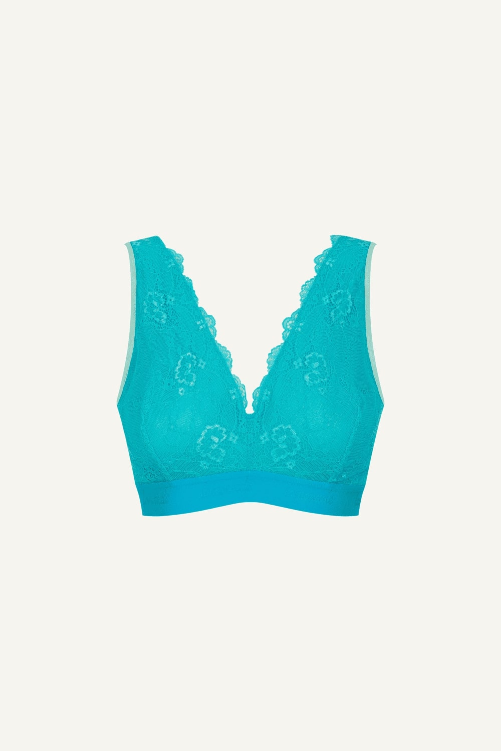 A ghost image of the front of a bright blue lace fuller cup bralette 