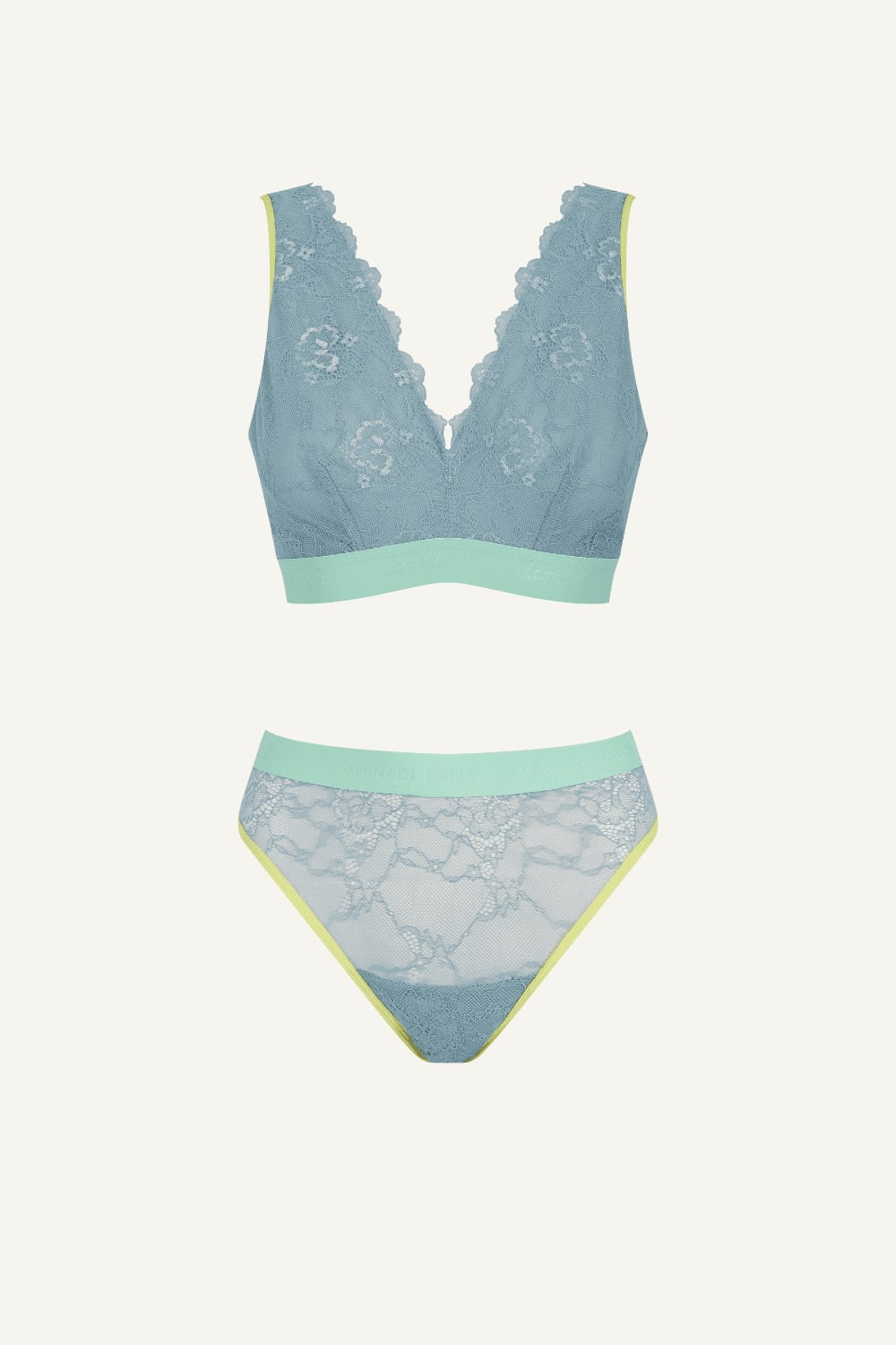 Blue Lace Bralette And High Waist Brief Set