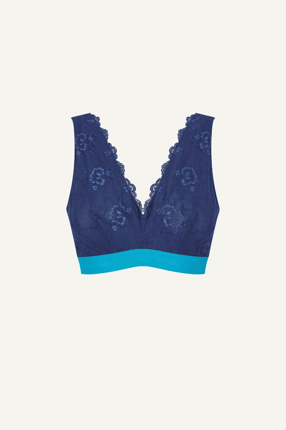 A ghost image of the front of a blue lace fuller cup bralette with a light blue band 
