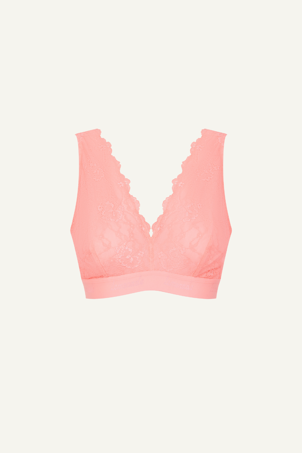 A ghost image of a coral lace fuller cup bralette 