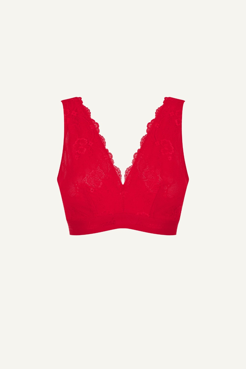 A ghost image of the front of a red lace fuller cup bralette 