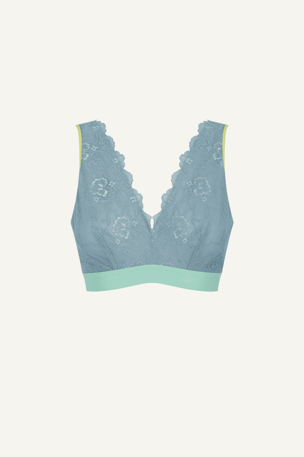 A ghost image of the front of a blue lace fuller cup bralette 