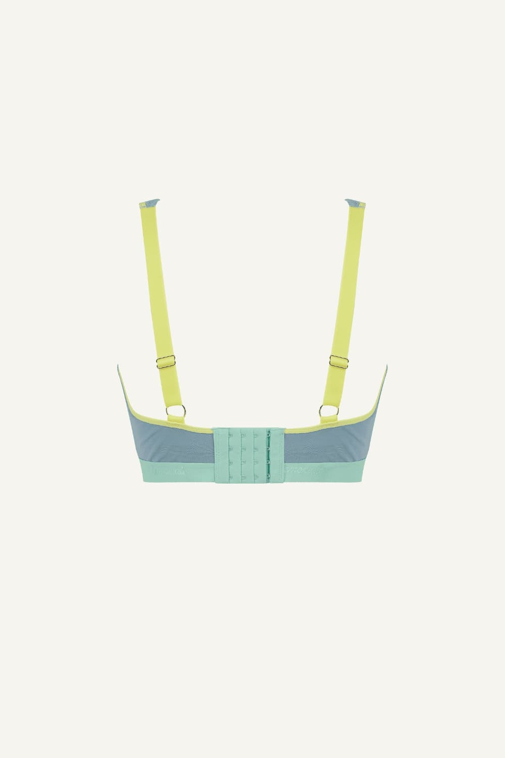 A ghost image of the back of a blue lace fuller cup bralette with yellow straps 