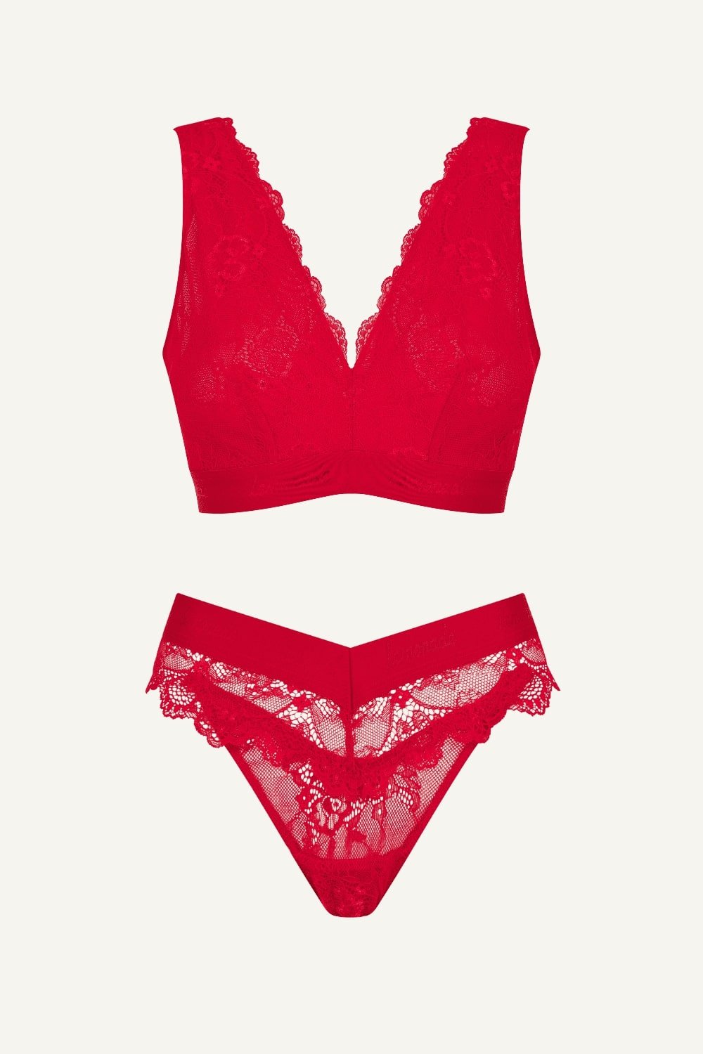 Red Lace Bralette And Brazilian Set