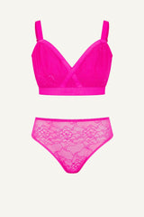 Signature Lace High Support Bralette & High Waisted Brief Set - Neon Pink