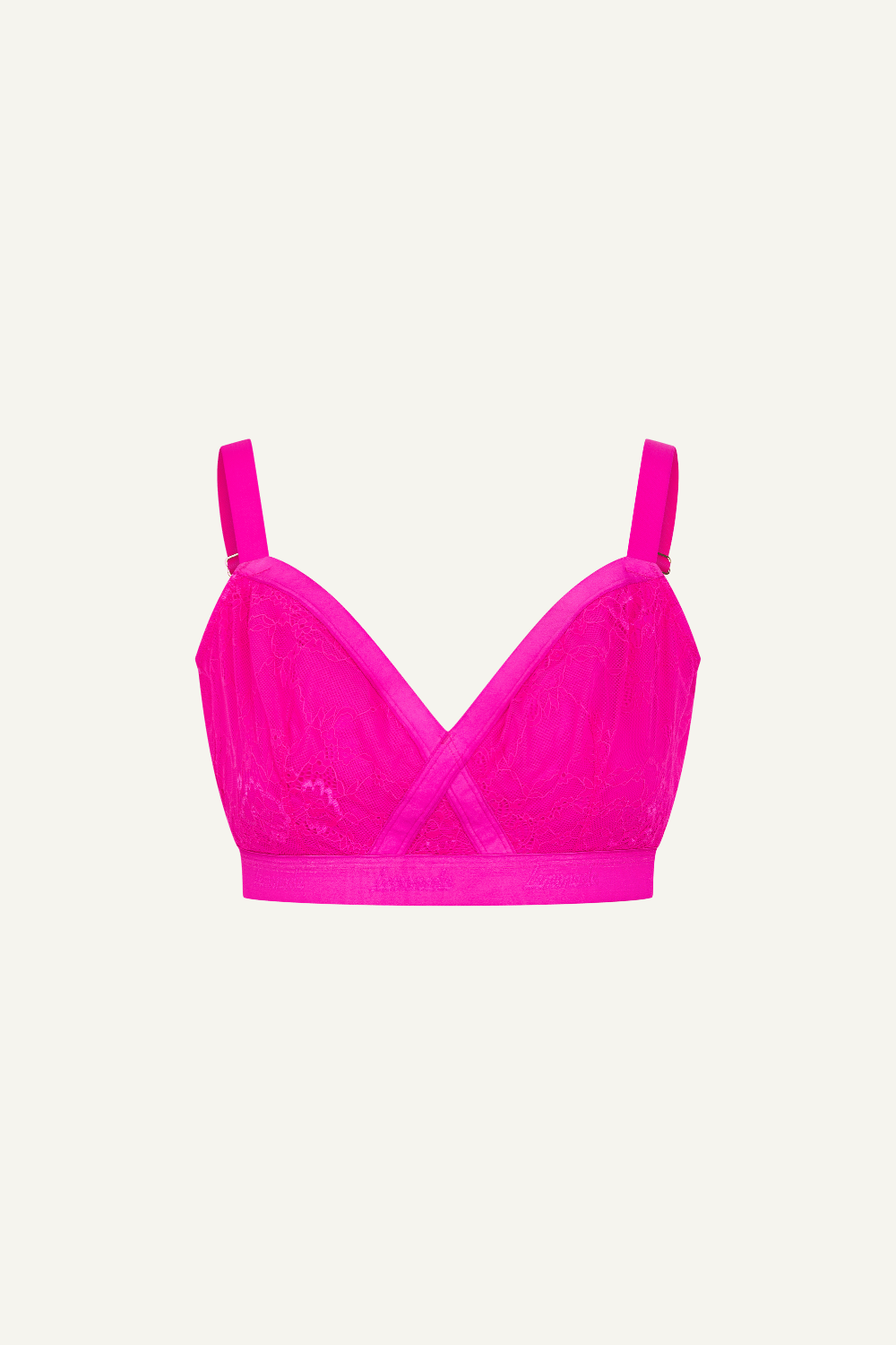 A ghost image of a neon pink lace fuller cup bralette 