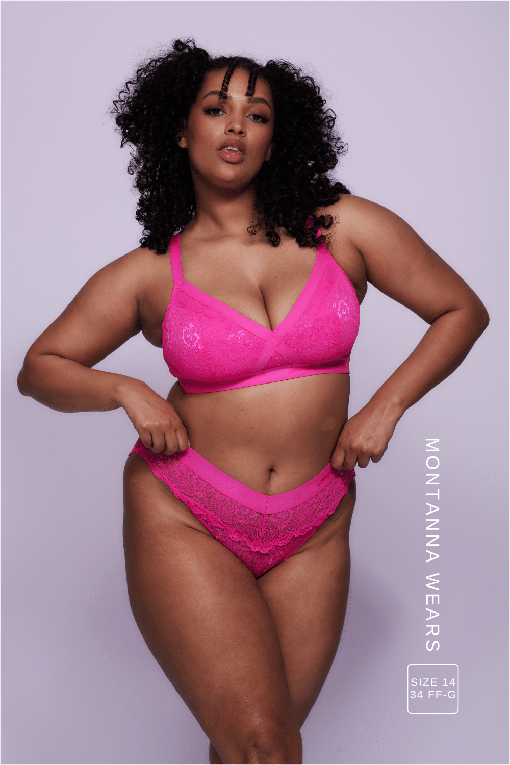 A woman wearing a neon pink lace fuller cup bralette paired with matching briefs  ^Montanna | 34 FF-G / 14