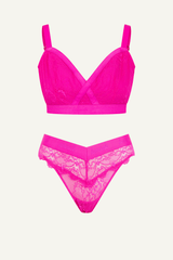 Signature Lace High Support Bralette & V Brazilian Set - Neon Pink - Lemonade Dolls