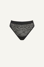 A ghost image of the front of a black lace high waisted brazilian knicker 