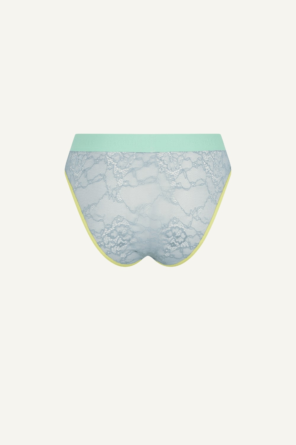 A ghost image of the back of a high waisted blue lace brief 