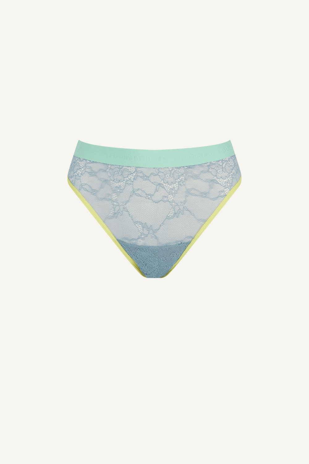 A ghost image of the front of a ight waisted blue brazilian knicker