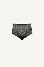 A ghost image of the front of a black lace short 