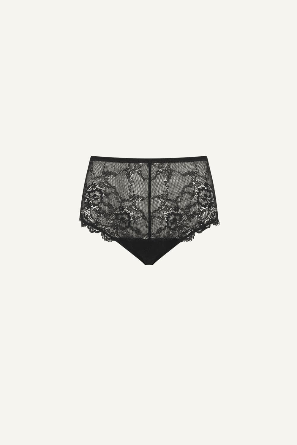 A ghost image of the front of a black lace short 