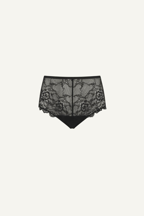 A ghost image of the front of a black lace short 