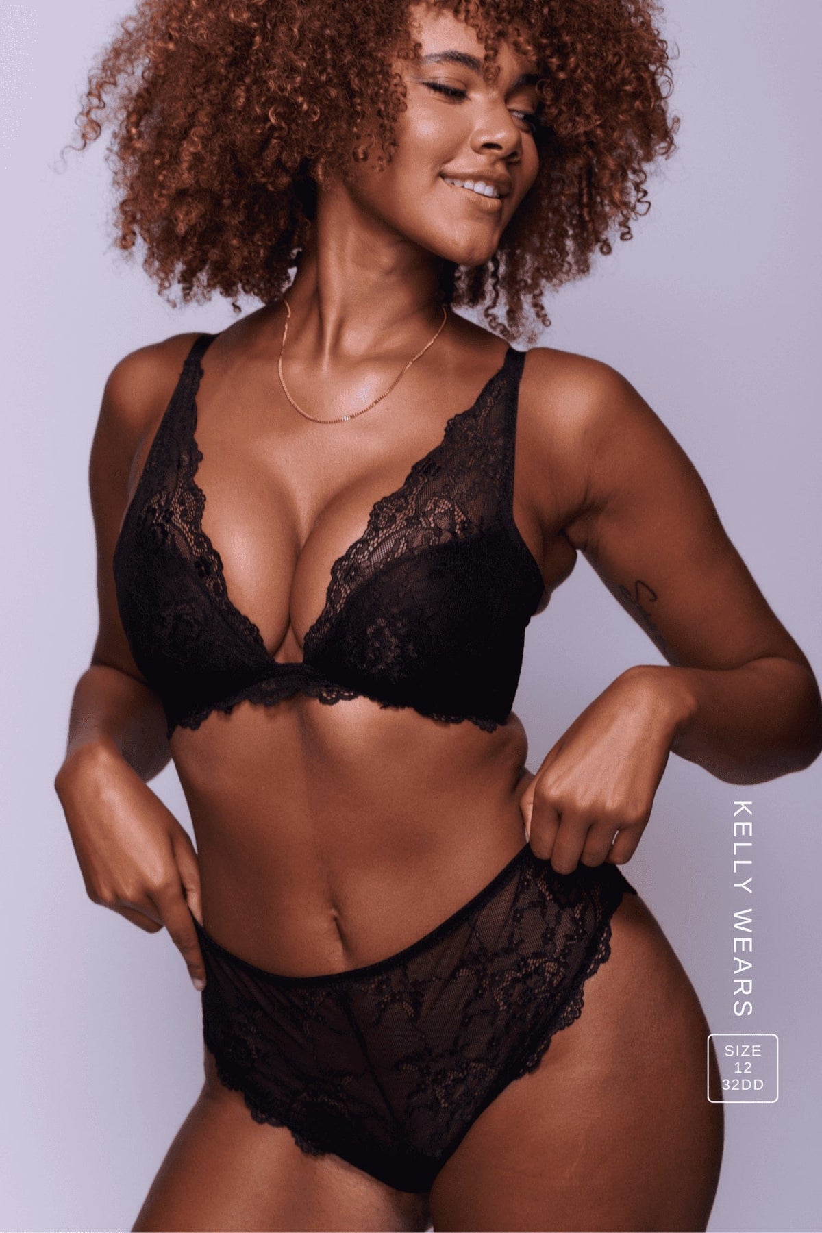 A woman modelling a Black Lace Short paired with a Black Lace Push Up ^Kelly | Size: 32 DD / 12