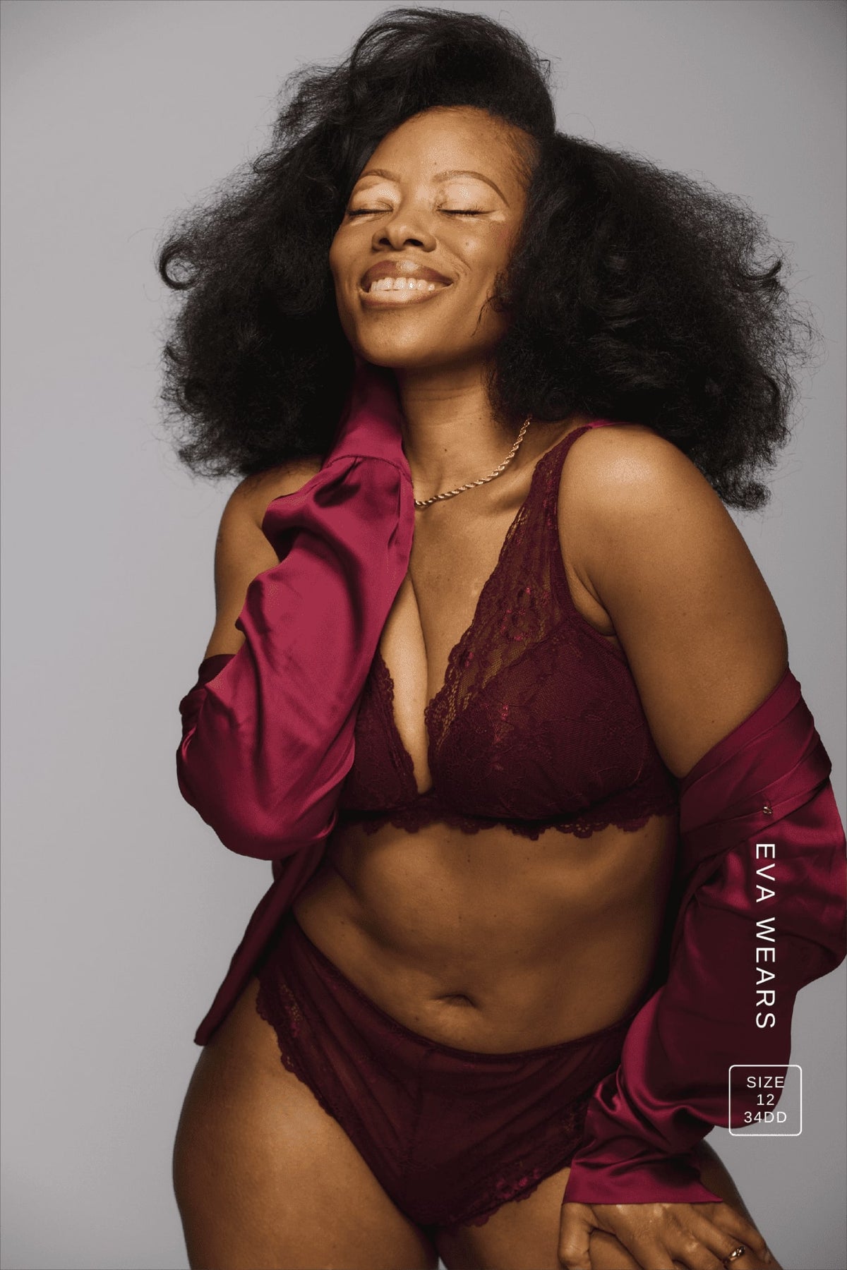 A woman wearing the Wine Lace Short paired with the matching Wine Lace Push Up Bra