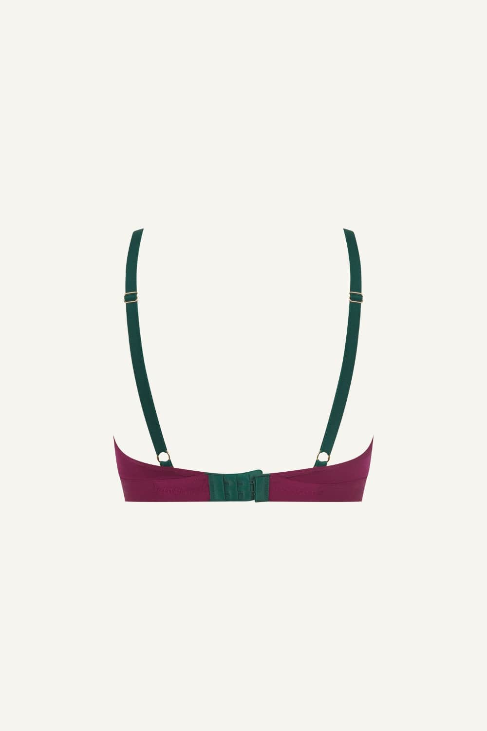 A ghost image of the back of a pink and green lace bralette 