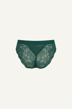 A ghost image of the back of a green lace brief 