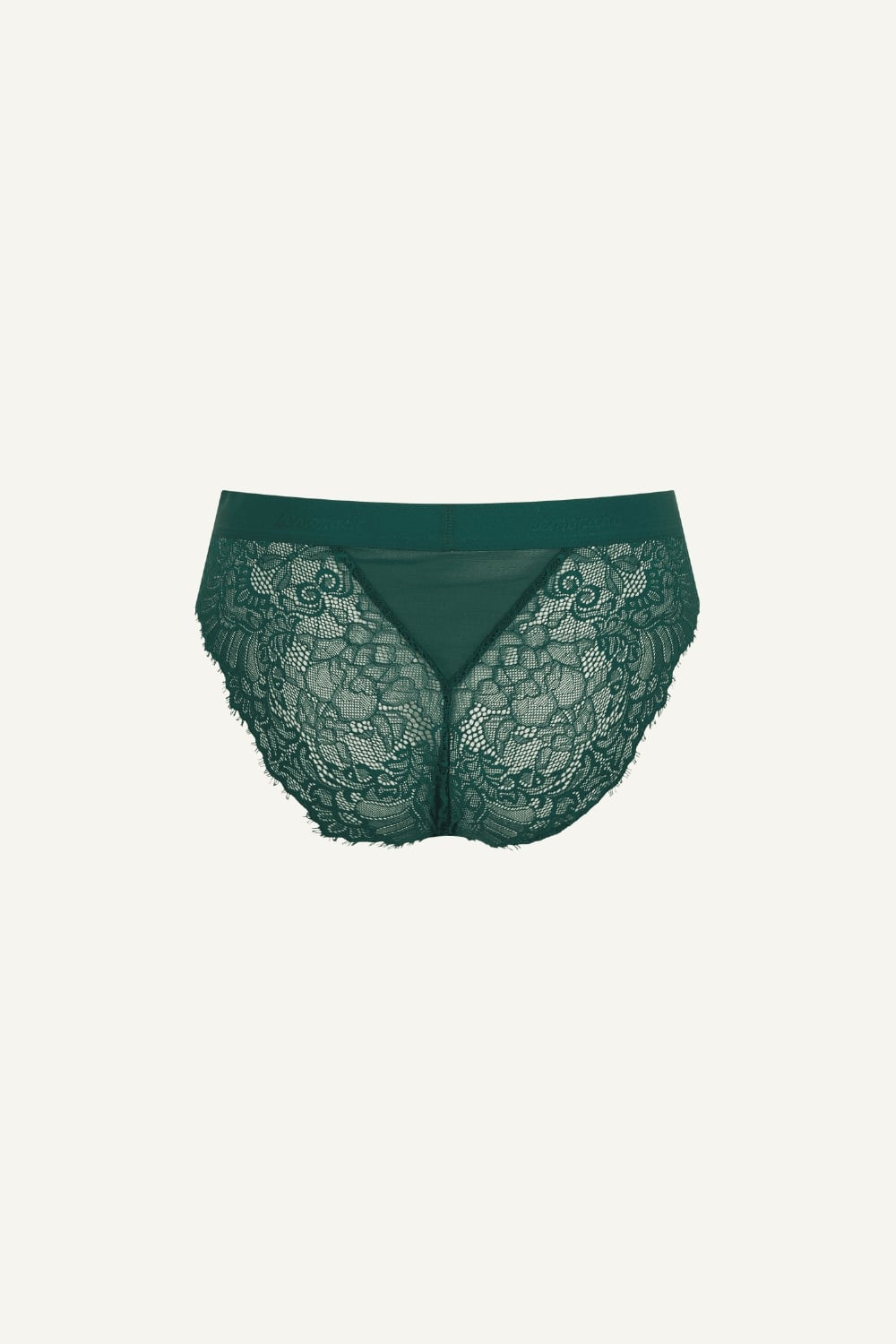 A ghost image of the back of a green lace brief 