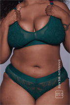 A close up of a woman wearing a green lace lingerie set ^Shannon | Size: 36 FF-G / 16
