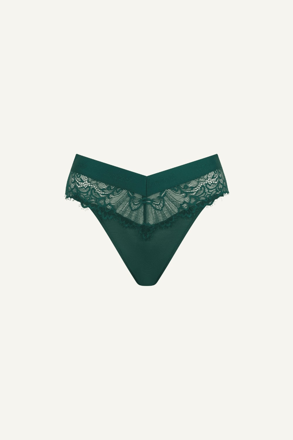 A ghost image of the front of a green lace V Brazilian 