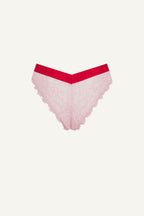 A ghost image of the back of a light pink brazilian knicker with a red band 