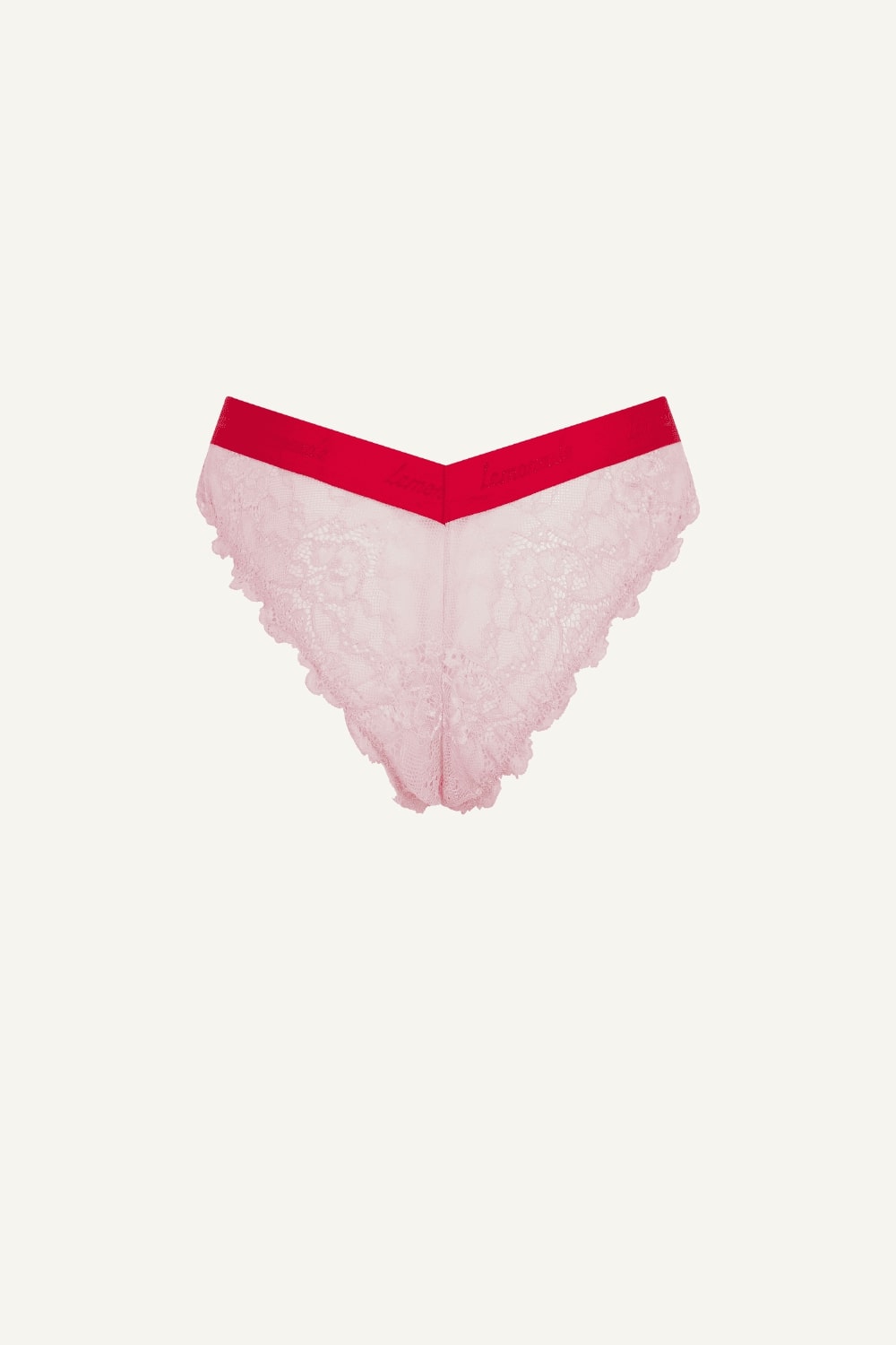 A ghost image of the back of a light pink brazilian knicker with a red band 