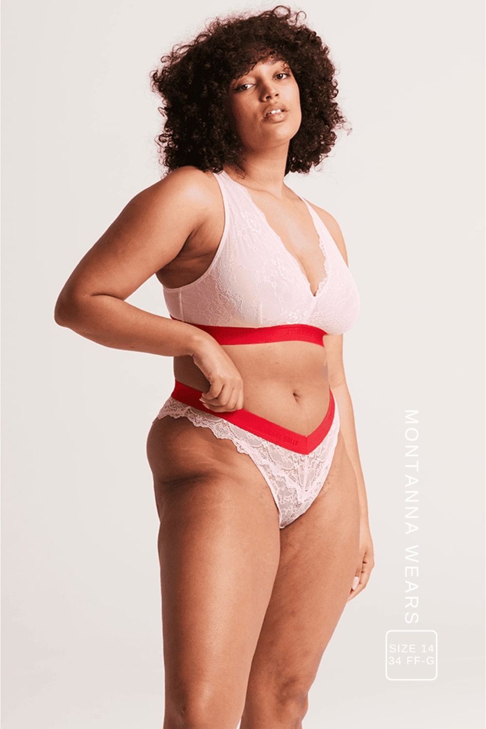 A woman wearing a fuller cup lace light pink bralette with the matching brazilian knickers ^Montanna | Size: 34 FF-G / 14