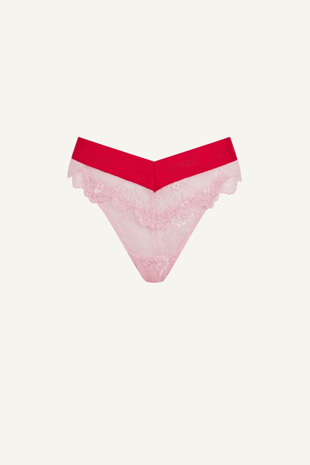 A ghost image of the front of a light pink lace brazilian knicker, with a red band 