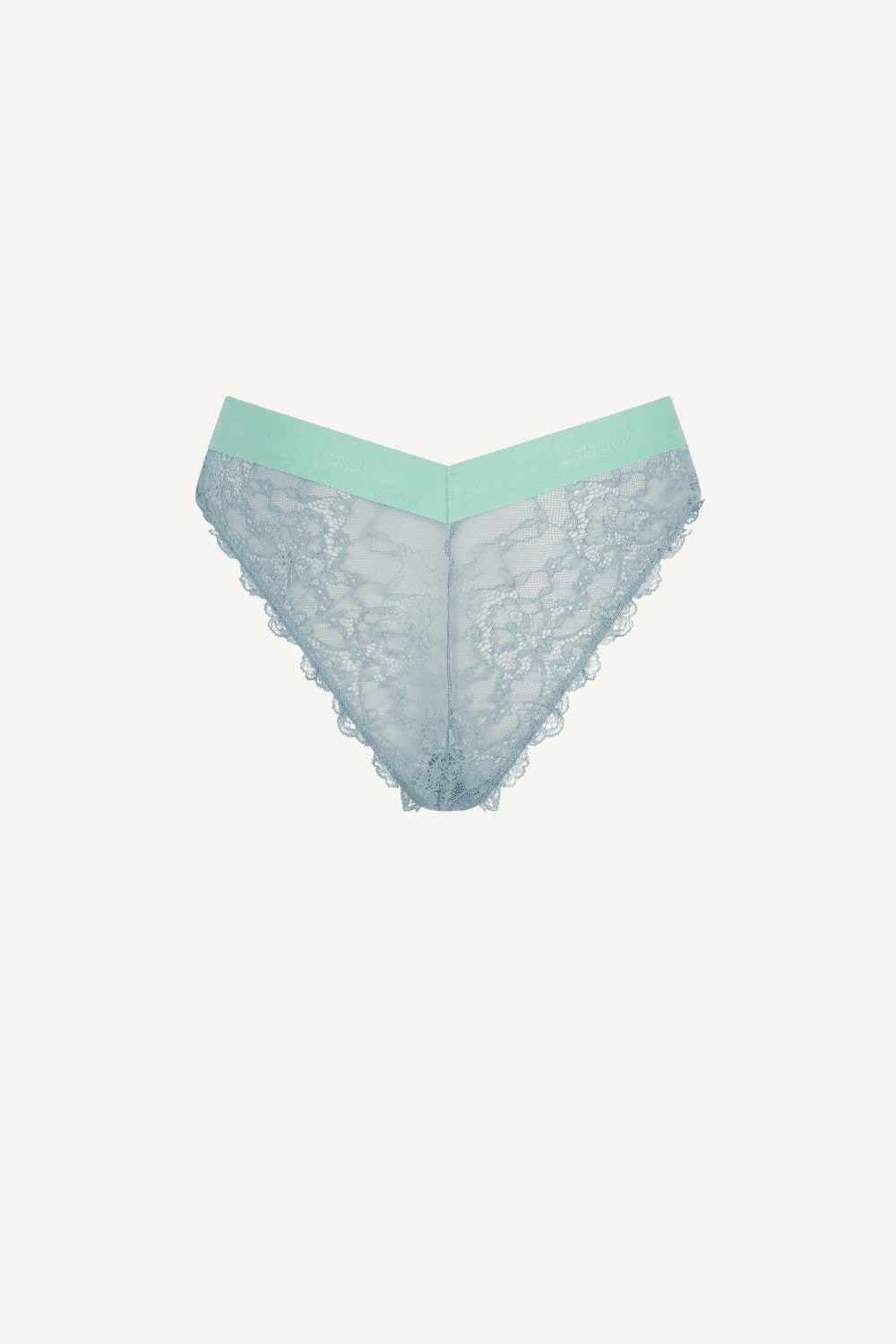 A ghost image of the back of a blue lace brazilian knicker 