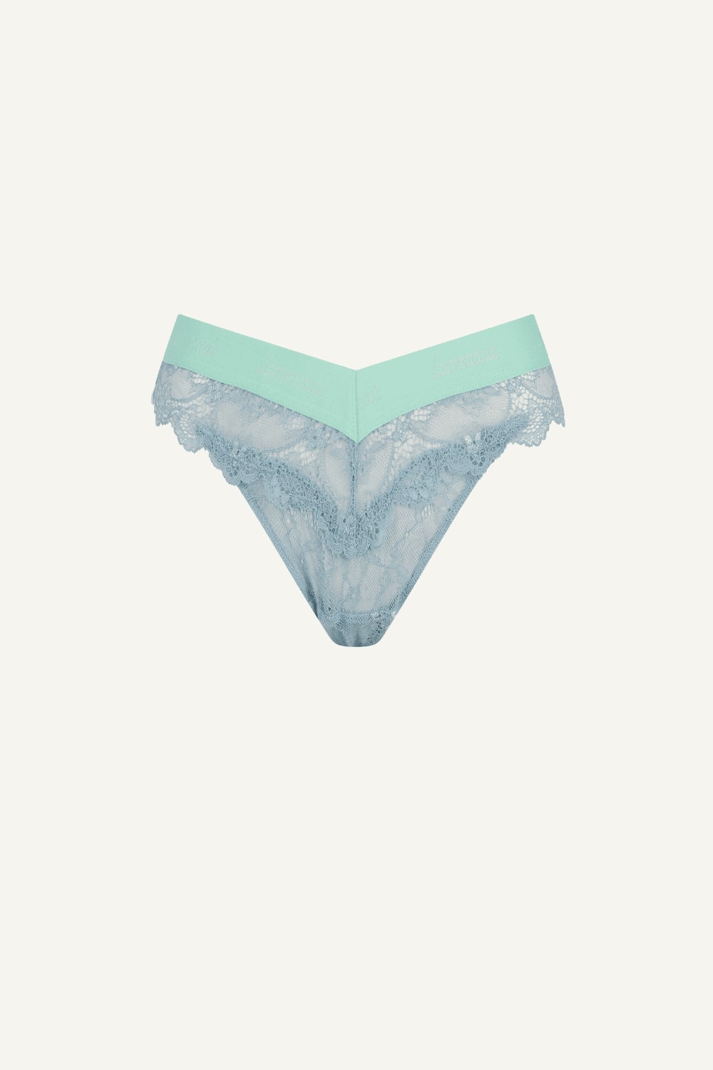 A ghost image of the front of a blue lace brazilian knicker 