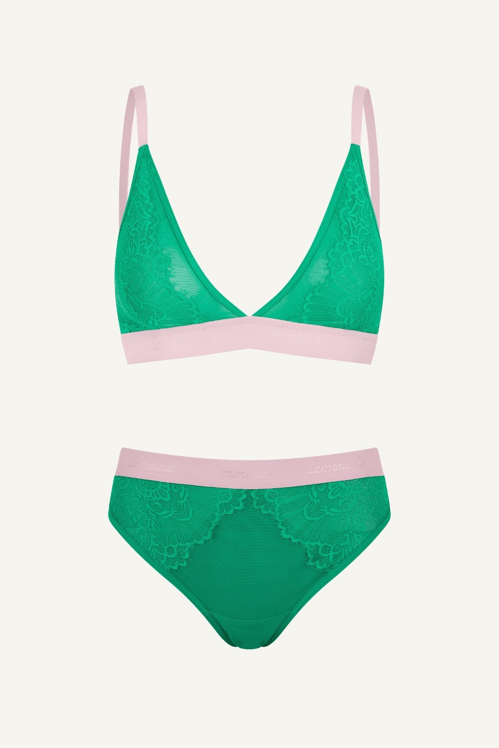 Green Lace and Mesh Bralette And Brief Set