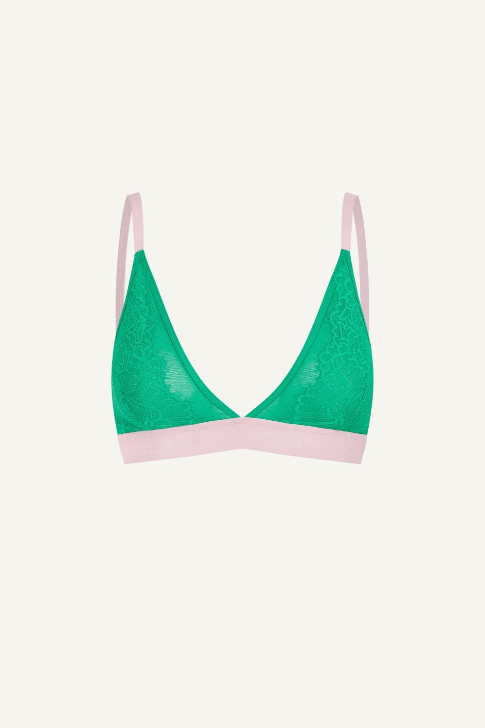 A ghost image of the front of a green lace bralette with pink details on it 
