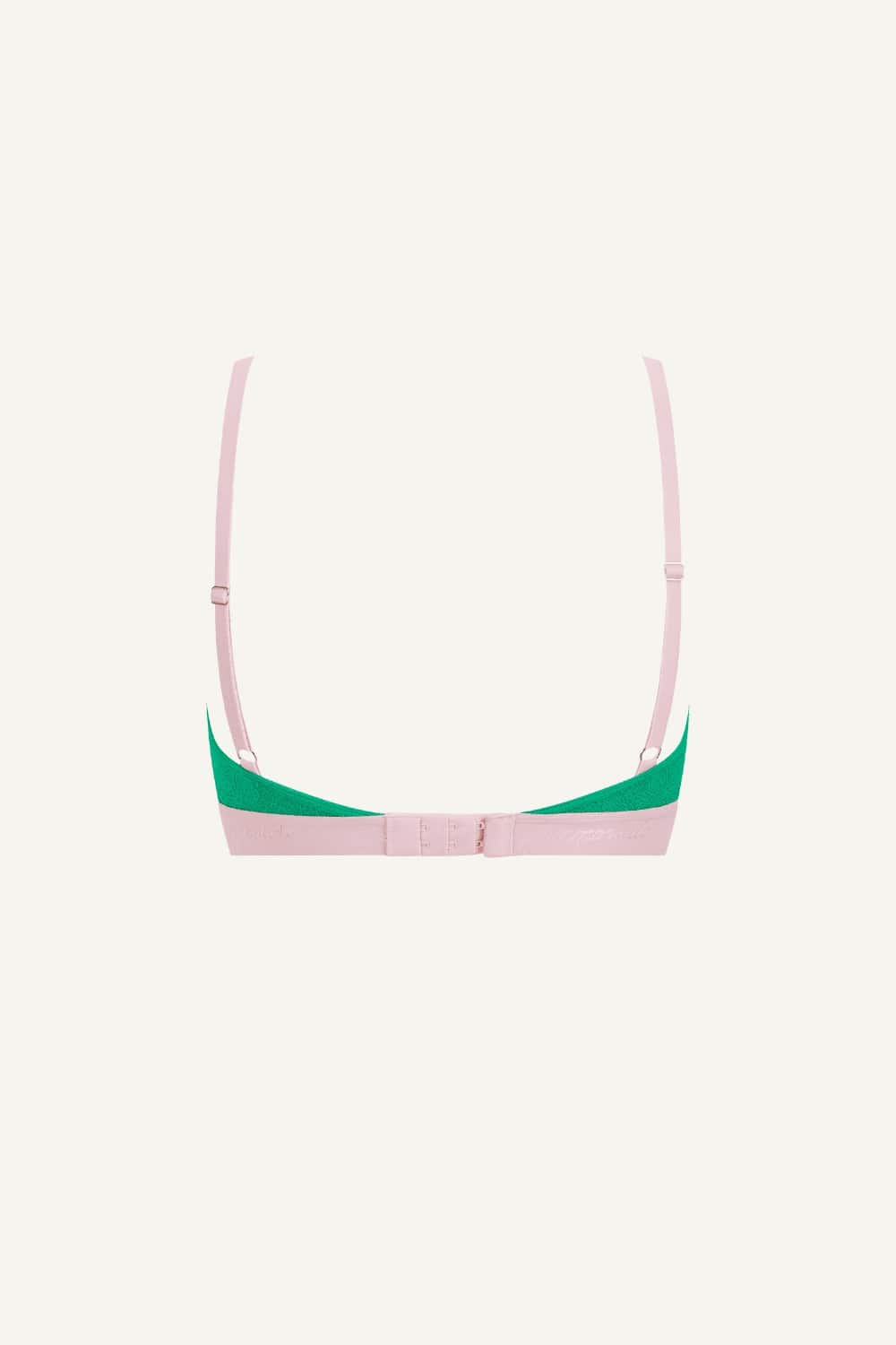 A ghost image of the back of a green lace bralette with pink straps and band 