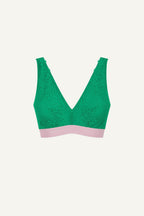 A ghost image of the front of a green lace fuller cup bralette 