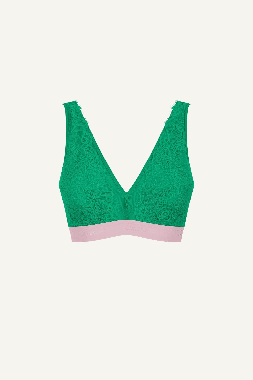 A ghost image of the front of a green lace fuller cup bralette 
