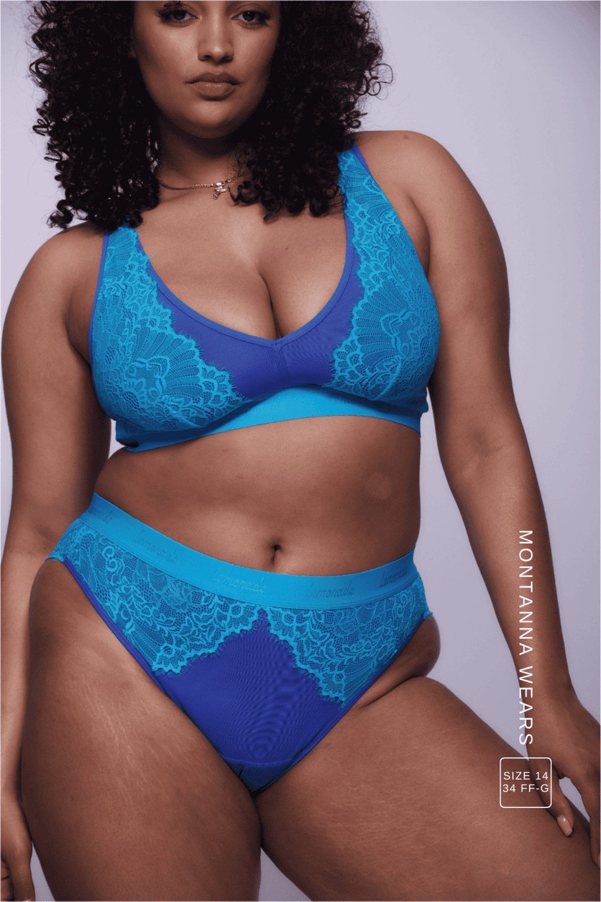 A woman wearing a blue lace and mesh brief and fuller cup bralette set ^Montanna | Size: 34 FF-G  / 14