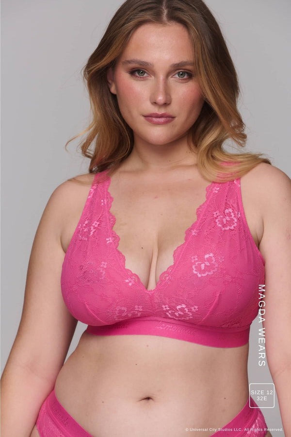 a woman wearing a fuller cup pink lace bralette ^Magda | Size: 32 E / 12